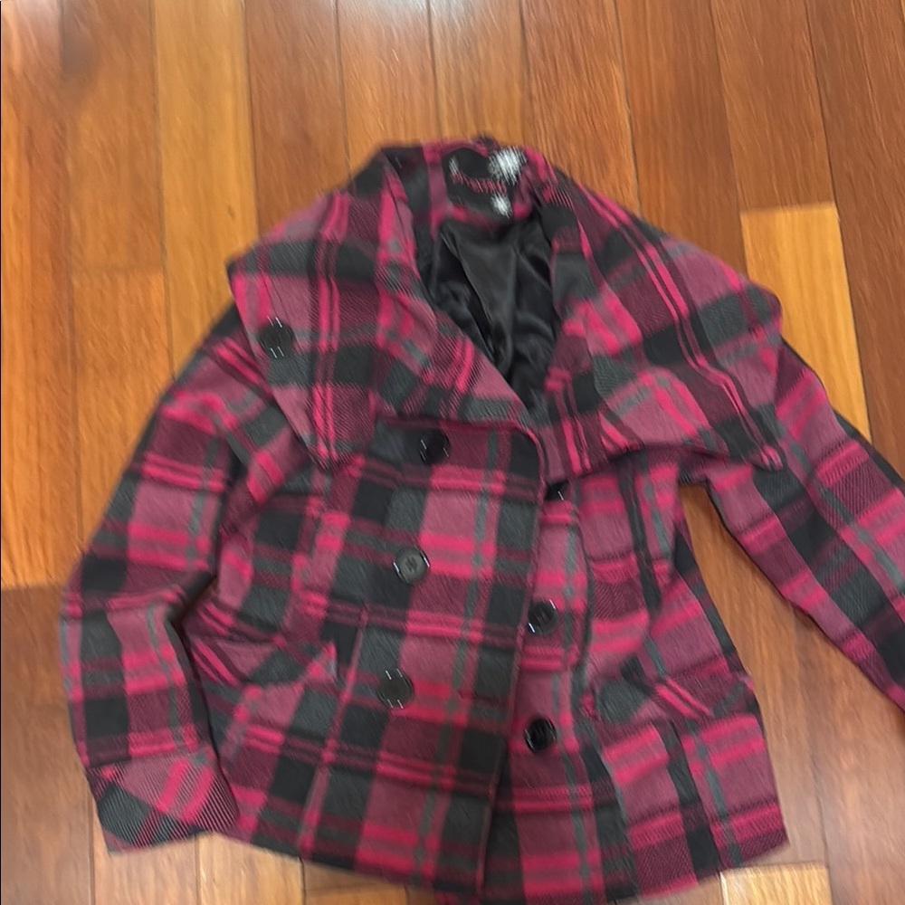 Trendy Hot Pink and Black Plaid Peacoat XL